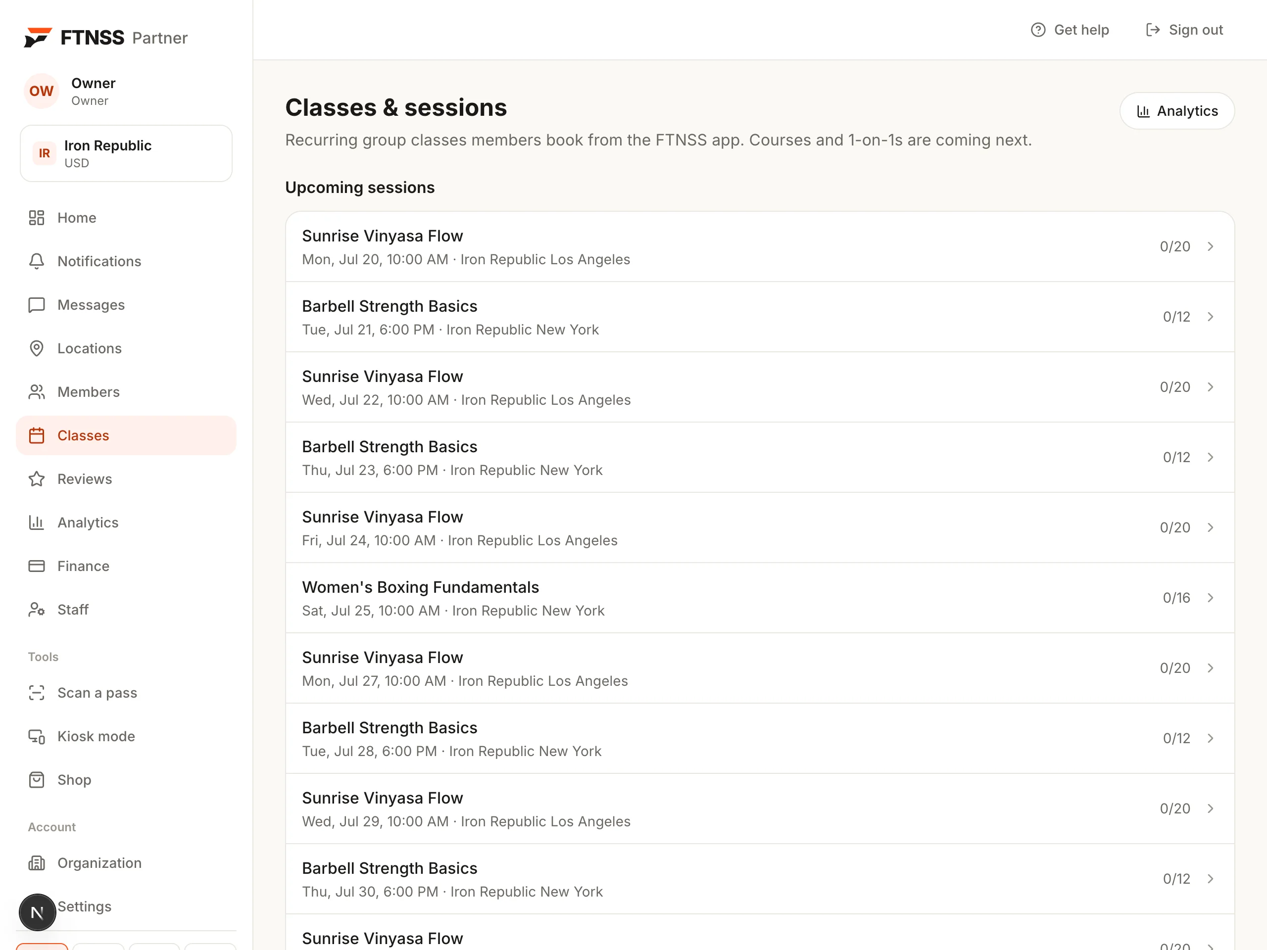 FTNSS Partner classes screen with upcoming sessions