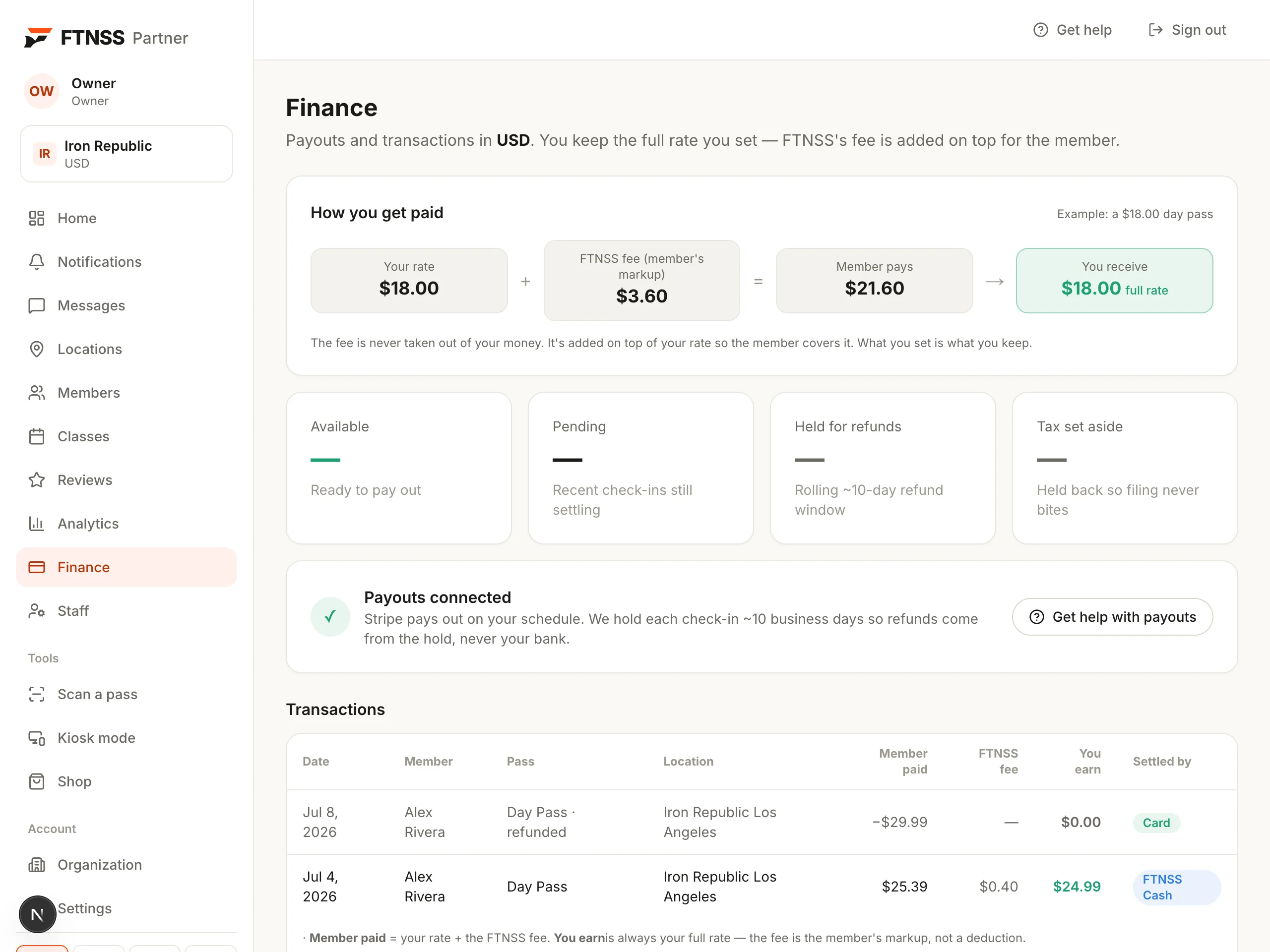 FTNSS Partner finance screen with payouts and transactions